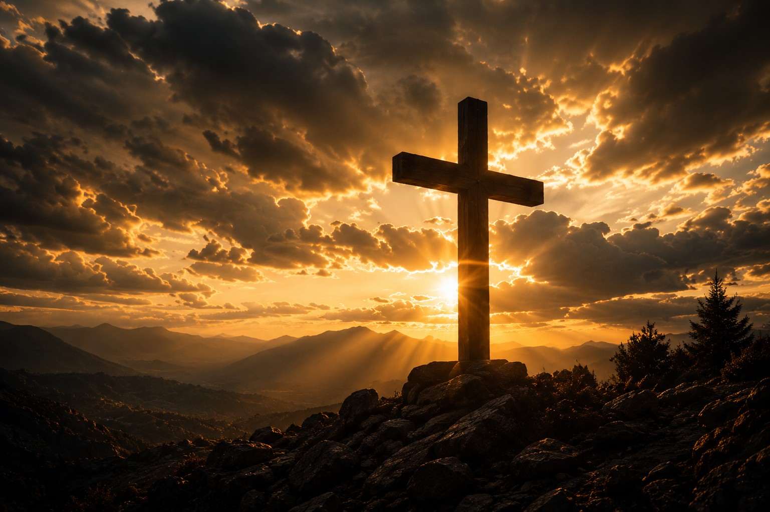 Cruz en la cima de una montaña iluminada por el atardecer