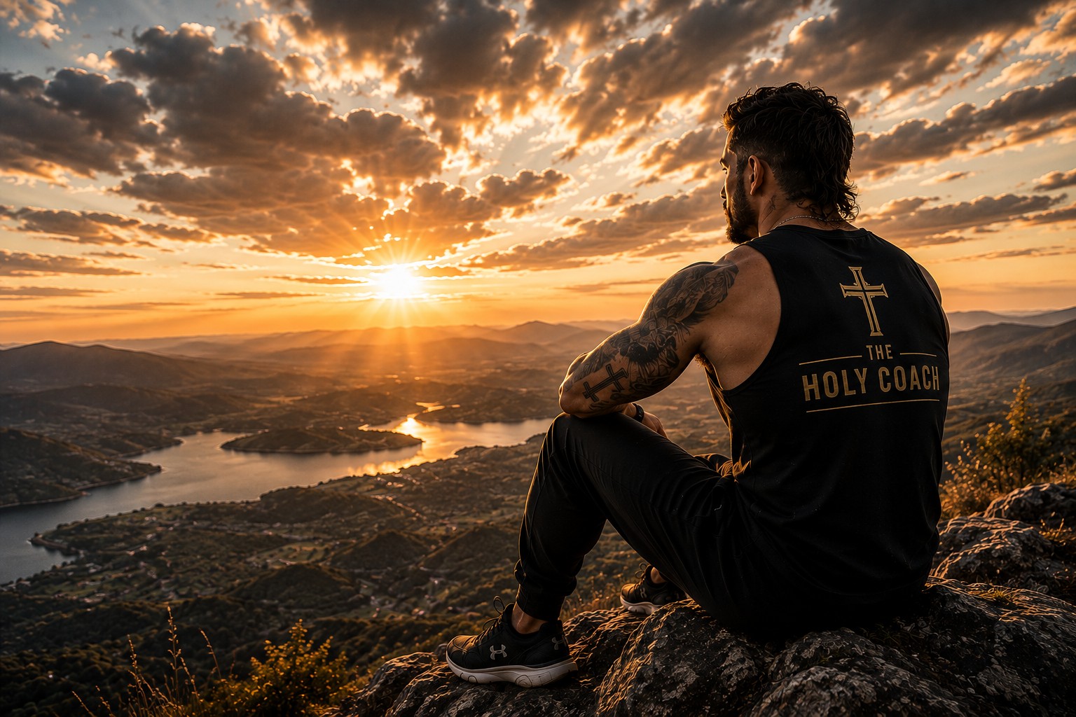 Silueta contemplando el atardecer desde lo alto de la montaña